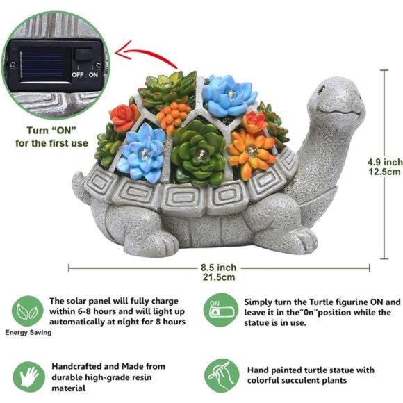 Solar Garden Outdoor Statues Turtle with Succulent and 7 LED Lights - Lawn Decor - Picture 4 of 7